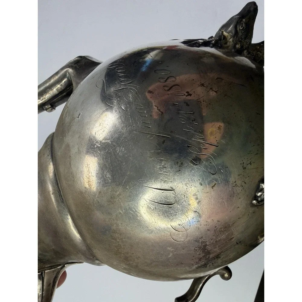 Antique Simpson‎ Hall Miller Sphinx Deer Heads Silver Plate Teapot 1880 Engraved